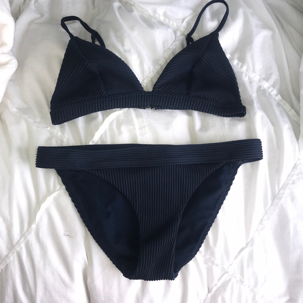 navy blue ribbed triangle bikini set